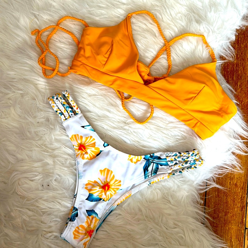 Zaful yellow floral bikini set Sz S